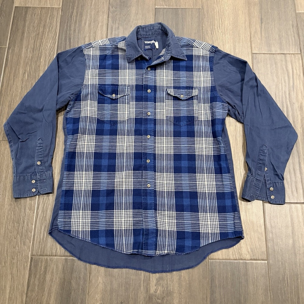 Vintage Wrangler Shirt Mens 16.5x35 X-Long Tails Blue Plaid Colorblock USA